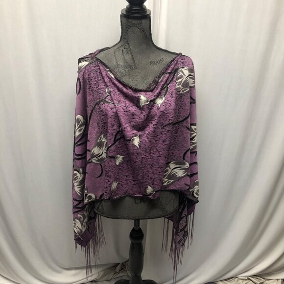 Purple Floral Fringe Poncho Shawl Wrap Scarf Silver Black Detailing - Picture 1 of 9